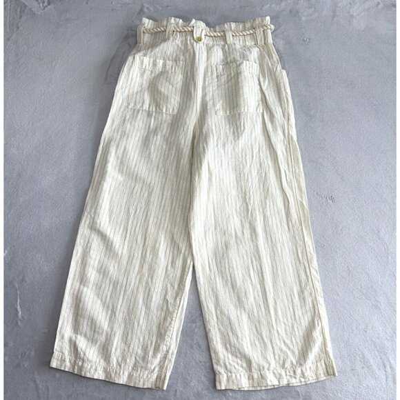 Maeve Anthropologie Cream Wide Leg Paper Bag linen Blend Pants Rope Belt Size 10 - Picture 12 of 12